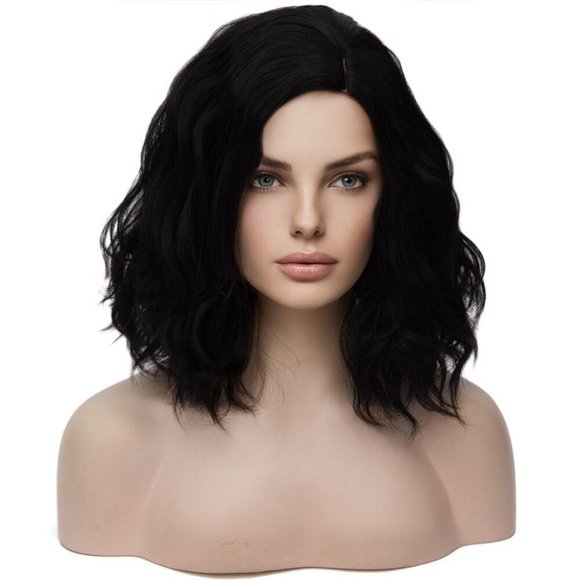 Beron 14" Women Black Short Curly Wavy Synthetic Party Halloween Wig With Cap - Picture 1 of 7